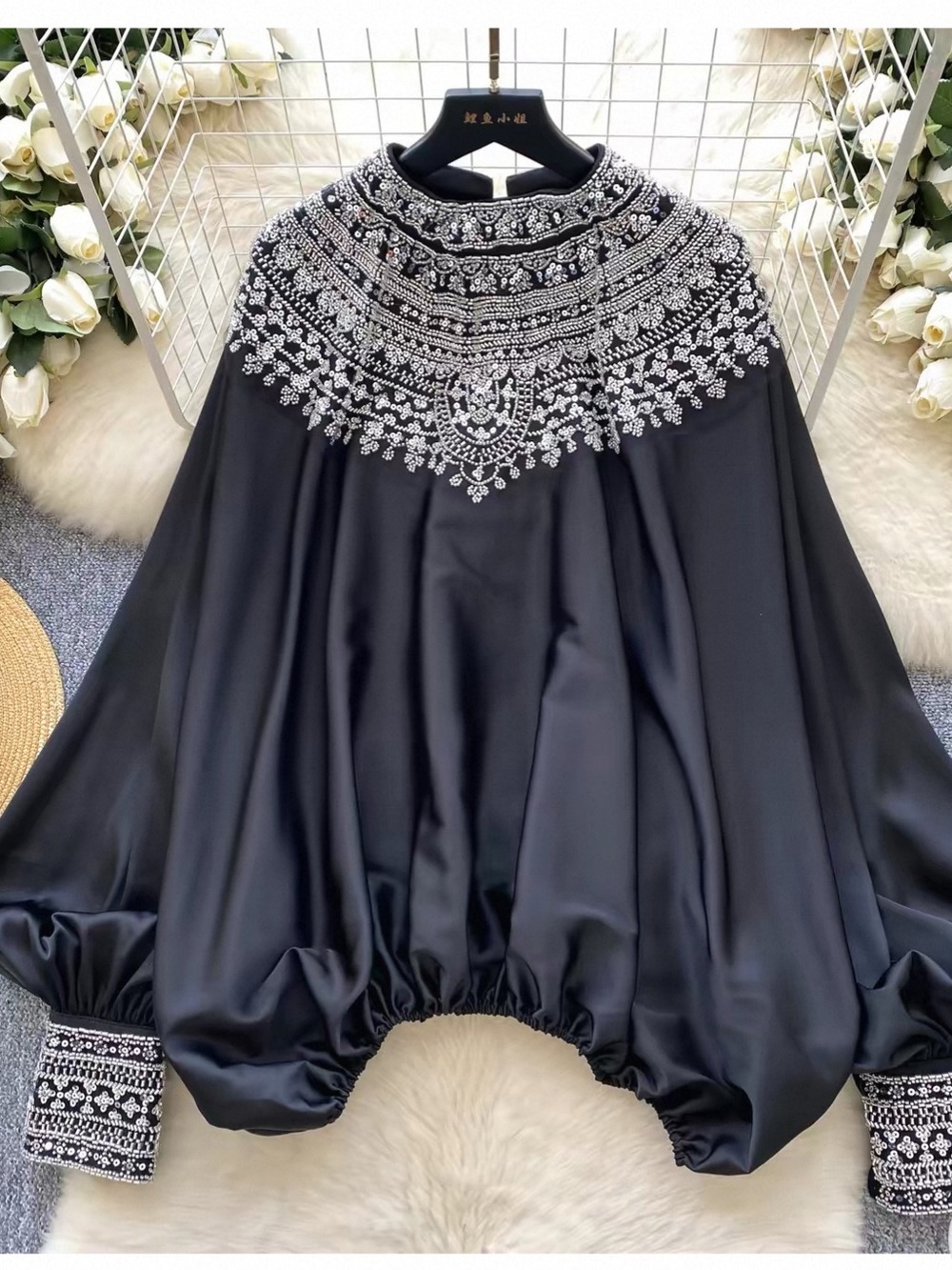 Black Elegant  Embellished Satin Blouse NWT